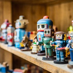 AI generated illustration of a variety of wooden toys neatly arranged on a shelf