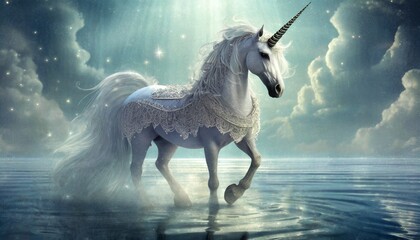 Obraz na płótnie Canvas AI illustration of a beautiful unicorn with white mane walking on water