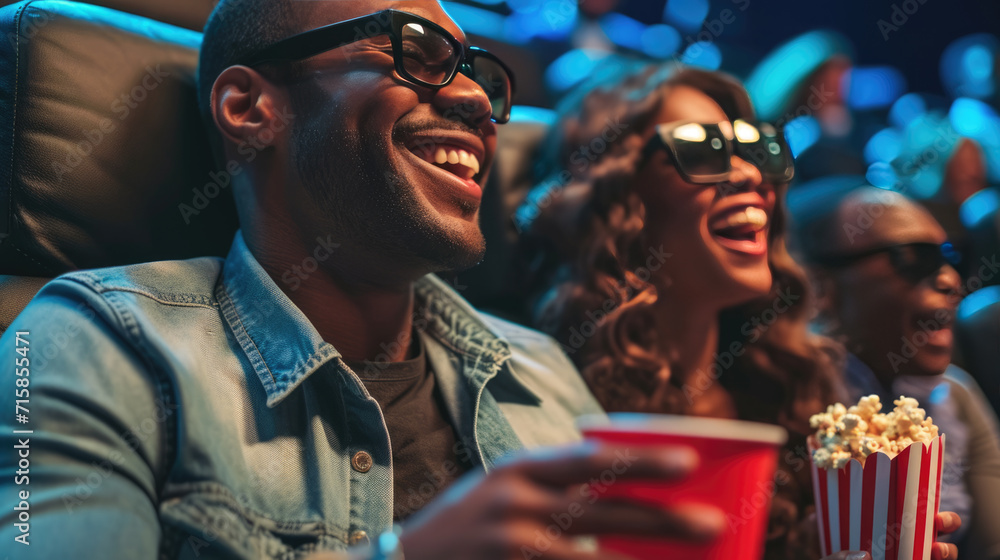 Canvas Prints Man and a woman in a movie theater, both wearing 3D glasses, laughing and enjoying themselves with a popcorn bucket and a red cup in hand.