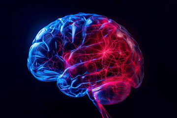 Human Brain Concept with Blue and Red Neural Activity and Glowing Connections on black background