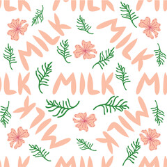 Dancing cow in the meadow cute seamless pattern, splashes of milk and the inscription Milk, Cow, Love. Flat