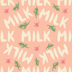 Dancing cow in the meadow cute seamless pattern, splashes of milk and the inscription Milk, Cow, Love. Flat