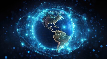 Obraz premium Connection lines glow light around the Earth's surface, future technology background with circles and lines. Internet, social media, travel, or logistical concepts.