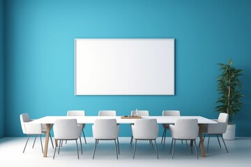 A light-colored meeting room with desks and chairs, featuring an empty mockup frame on the vibrant blue wall. Blank empty mockup frame.