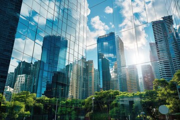 Reflective skyscrapers, business office buildings. A striking view from the street level looking up at the intersection of modernity and history where contemporary glass skyscrapers Ai generated