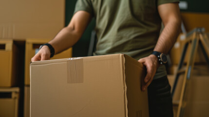 Person's torso holding a cardboard box, with a focus on the package, suggesting a delivery or moving scenario.