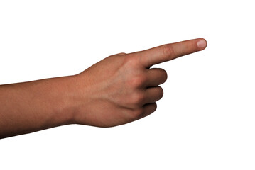 Male hand with index finger pointing to something. Dark skinned. PNG isolated on transparent background	