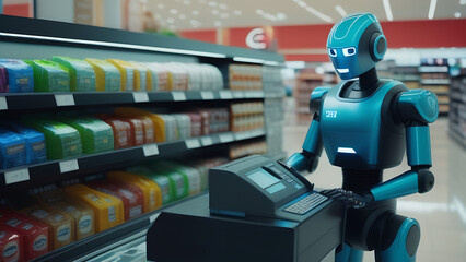 Humanoid cute robot working in supermarket, nanotechnoogy, progress in 21st century - obrazy, fototapety, plakaty