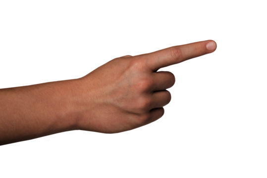 Male hand with index finger pointing to something. Dark skinned. PNG isolated on transparent background	