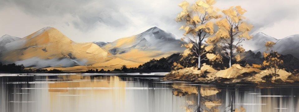 Art acrylic oil painting mountains landscape with gold details, tree and reflection of water from a lake © Ilmi