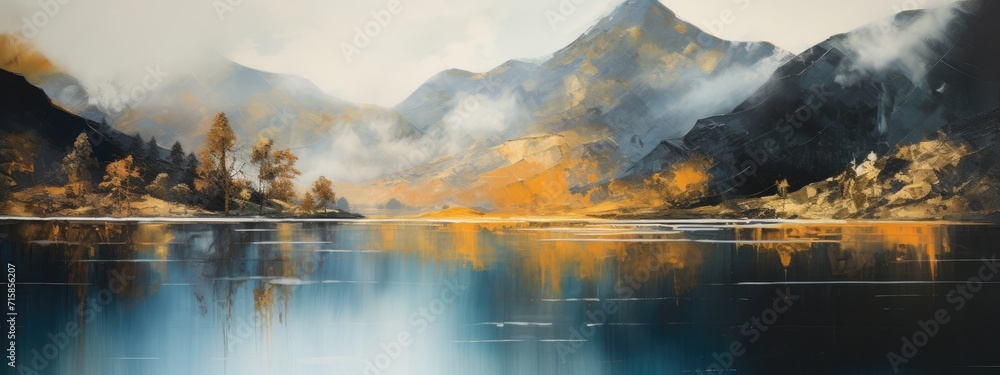 Wall mural art acrylic oil painting mountains landscape with gold details, tree and reflection of water from a 