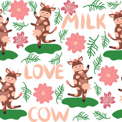 Dancing cow in the meadow cute seamless pattern, splashes of milk and the inscription Milk, Cow, Love. Flat