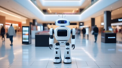 Obraz premium Humanoid cute robot in shopping mall, nanotechnoogy, progress in 21st century