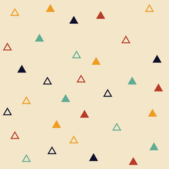 Geometrical pattern with black, blue, yellow, red triangles on pale yellow background for wallpapers, patterns, fabrics, packaging, posters, marketing, notebooks
