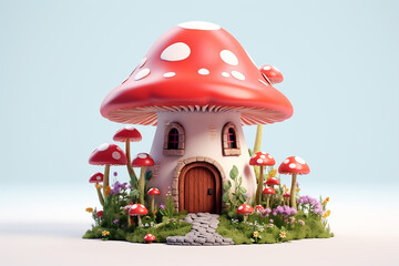 Fototapeta na wymiar Fairy mushroom house 3D illustration ,Cartoon Fairy Mushroom House Clipart ,illustration of red mushroom house on a white background