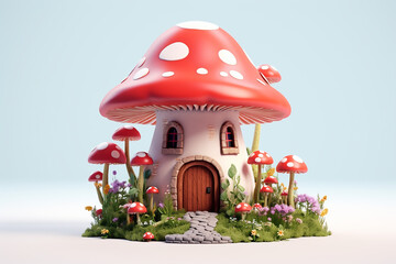 Fairy mushroom house 3D illustration ,Cartoon Fairy Mushroom House Clipart ,illustration of red mushroom house on a white background