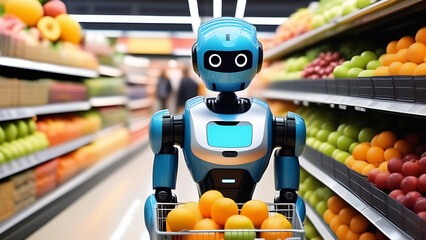 Humanoid cute robot working in supermarket, nanotechnoogy, progress in 21st century