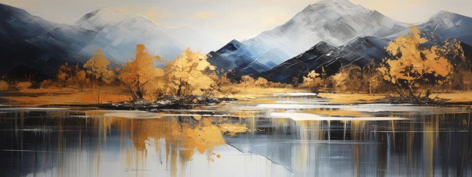 Art acrylic oil painting mountains  landscape with gold details, tree and reflection of water from a lake