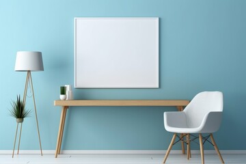 A light-colored office with a desk and chair, featuring an empty mockup frame on the vibrant blue wall. Blank empty mockup frame.