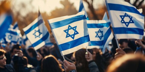 A crowd waving miniature Israeli banners.