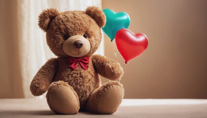 teddy bear, with balloons, toy Bear, cute teddy bear, toy bear holding a heart-shaped balloon in its paw