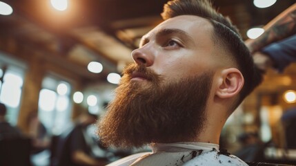 man with beard in a barbershop cutting his hair with the barber in a salon in high quality - obrazy, fototapety, plakaty