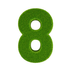 Grass-covered number 8 isolated on transparent background. 3D rendering