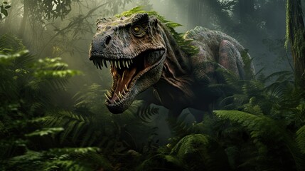 A fearsome dinosaur emerging from dense prehistoric foliage