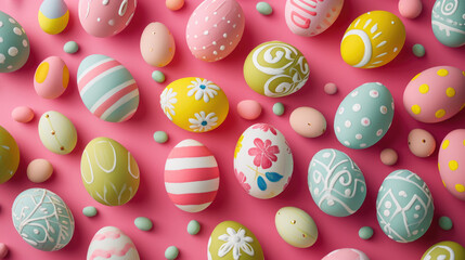 Collection of decorated Easter eggs with various patterns and colors, scattered on a pink surface.