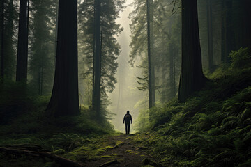 Solo traveller in the misty forest