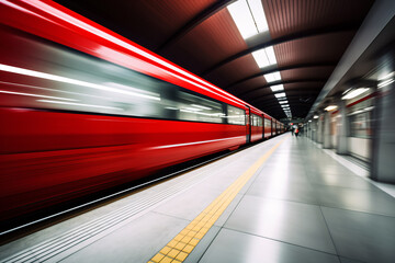 Fast blurry red train driving through train station platform