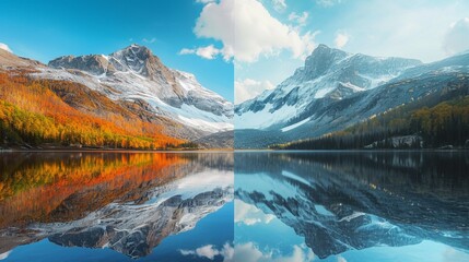 Split in half picture of a mountain and a lake generative ai