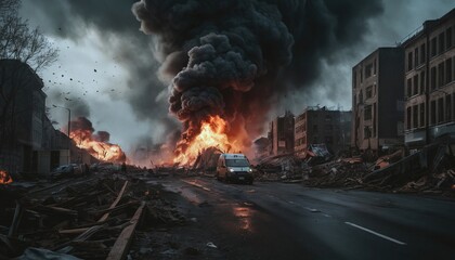 global catastrophe, natural disasters, city on fire, powerful explosions, city collapse, the end of the world, world problems