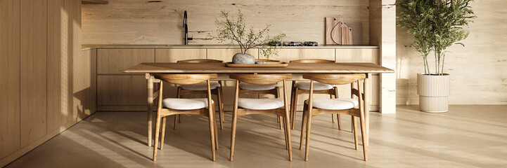 Modern wooden kitchen table set in a sunlit minimalist interior