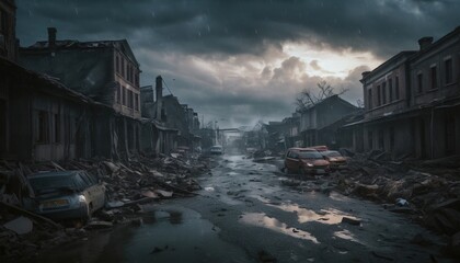 global catastrophe, natural disasters, city on fire, powerful explosions, city collapse, the end of the world, world problems