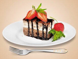 A piece of tasty fresh sweet cake with berries