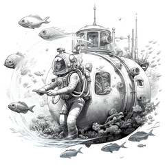 An underwater astronaut navigates the depths of a futuristic submarine, encountering mysterious sea creatures on a cosmic journey, isolated on a white background