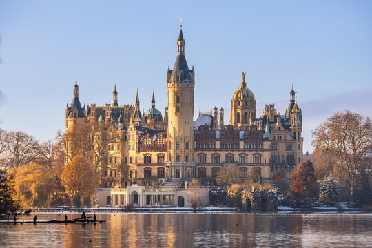 Schweriner Schloss im Winter, Schweriner See mit Kormorane im Vordergrund