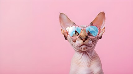 Creative animal concept. Devon Rex cat kitten kitty in sunglass shade glasses isolated on solid pastel background, commercial, editorial advertisement, surreal surrealism - obrazy, fototapety, plakaty