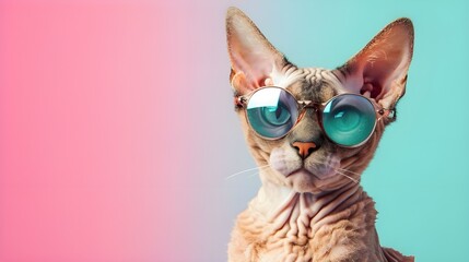 Creative animal concept. Devon Rex cat kitten kitty in sunglass shade glasses isolated on solid pastel background, commercial, editorial advertisement, surreal surrealism