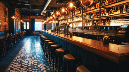 Elegantly designed bar interior with a blue and dark wood color scheme