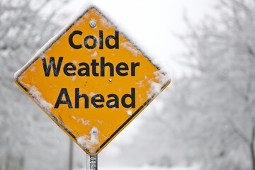 a snow covered road sign, warning of cold weather ahead 