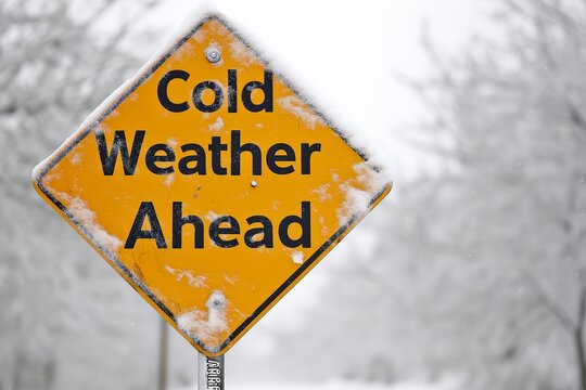 a snow covered road sign, warning of cold weather ahead 