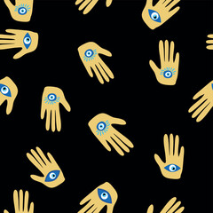Evil eye Heavenly seamless pattern with suns, moons, stars, palms. For textiles, souvenirs, household goods.