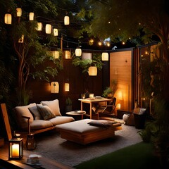 Backyard haven with an Eames chair, illuminated by the warm glow of outdoor lanterns