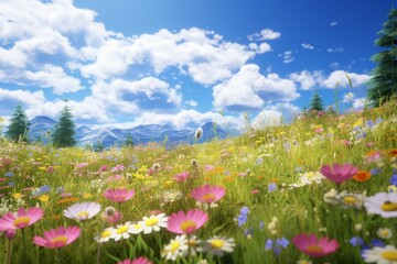 Wildflower meadow in full bloom under a clear blue sky.