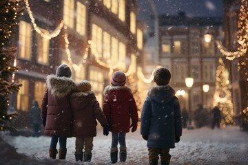 group of children in a winter evening. Snow gently falls as they walk through a festive street adorned lights and holiday decorations, blurred background