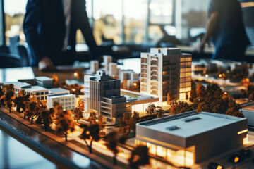 real estate business, housing development and urban planning. buildings scale models on the table at architects office - obrazy, fototapety, plakaty