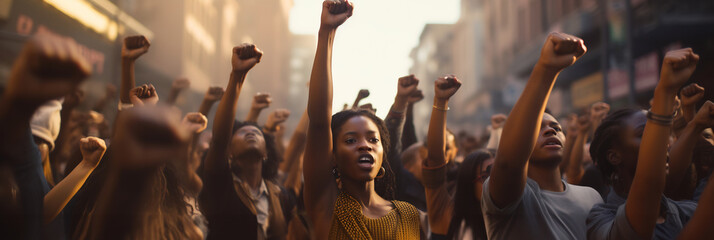 Fototapeta na wymiar Unity in Protest: Raised Fists in Urban Rally. African American History or Black History Month concept