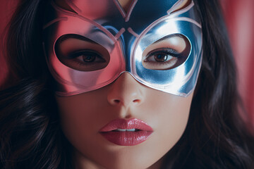 Face of young beautiiful woman with superhero mask